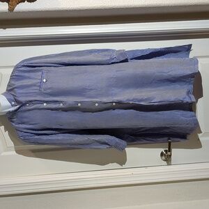 Silk lounging blouse. LS. White Pine Co.  OS. Navy/white stripe. Pearl buttons.